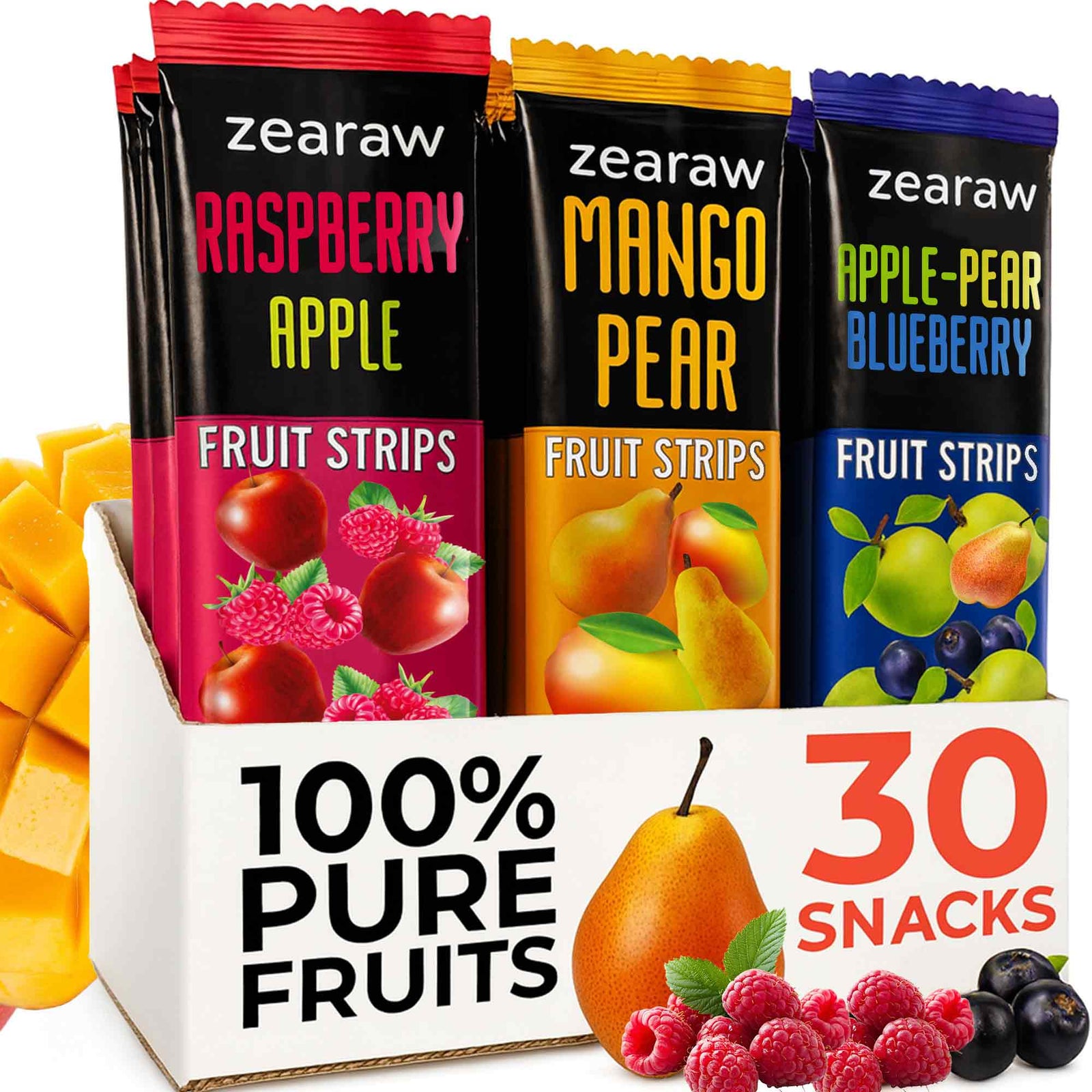 Healthy Fruit Snacks - 30 Natural Snacks with Blueberry, Raspberry & Mango, Vegan & Sugar Free