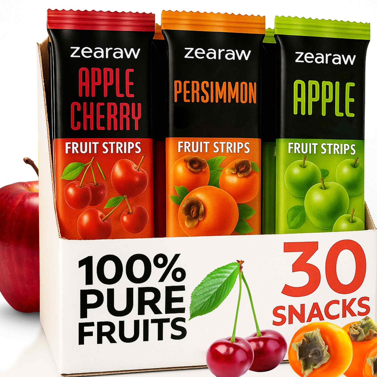 Healthy Fruit Snacks - 30 Natural Snacks with Apple, Cherry &amp; Persimmon, Vegan &amp; Sugar Free