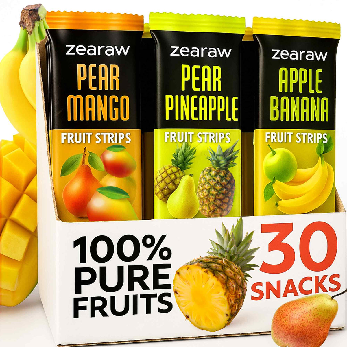 Healthy Fruit Snacks - 30 Natural Snacks with Mango, Pineapple &amp; Banana, Vegan &amp; Sugar Free