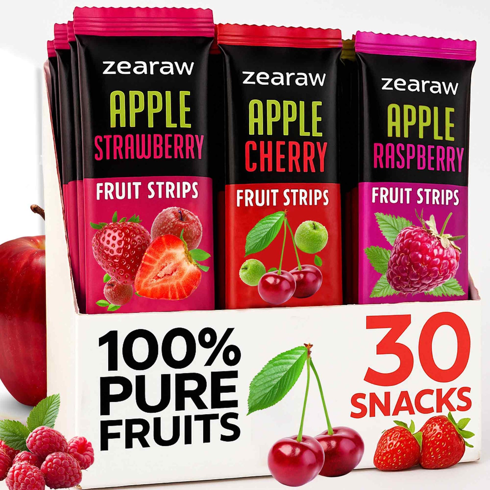 Healthy Fruit Snacks - 30 Natural Snacks with Raspberry, Cherry & Strawberry, Vegan & Sugar Free