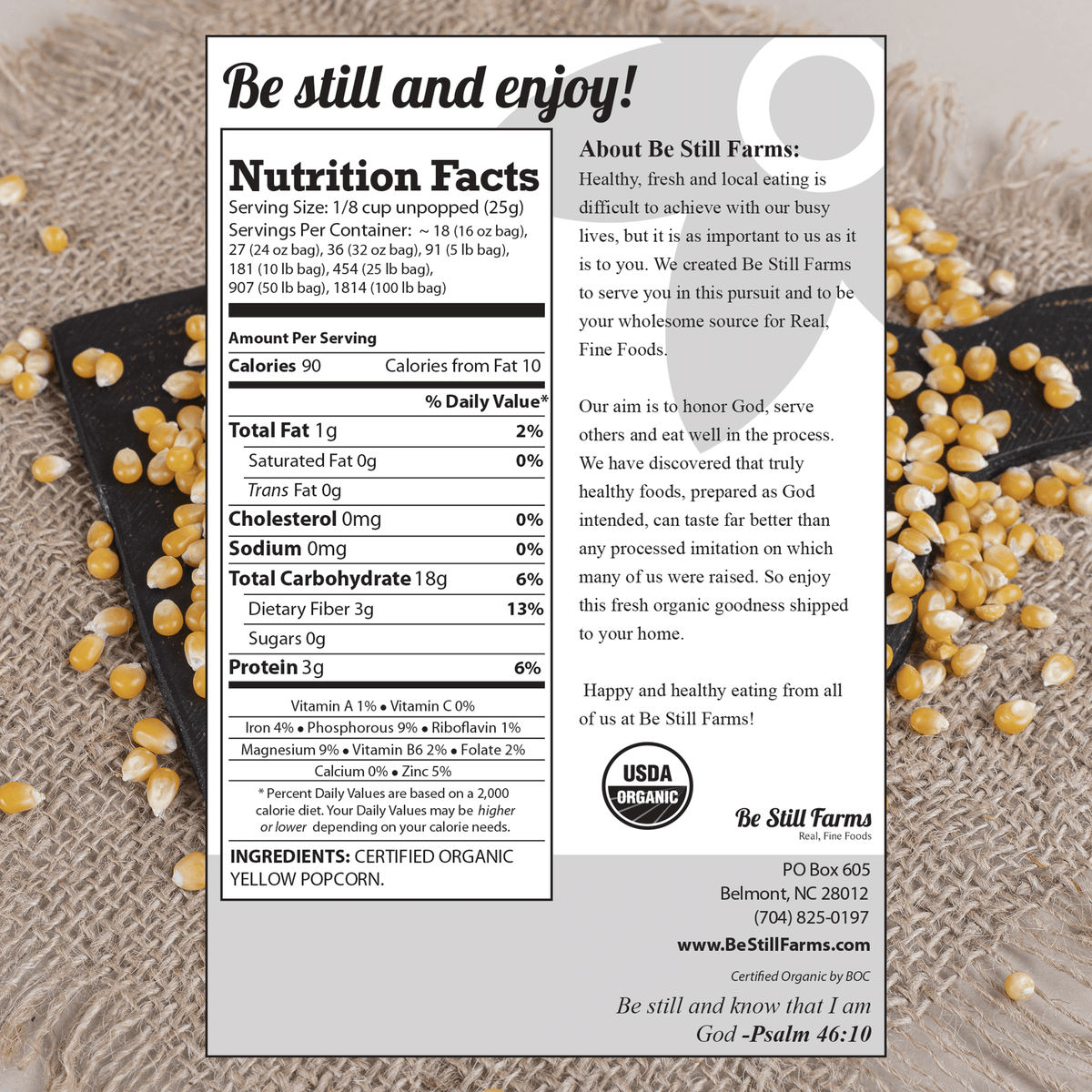 Organic Yellow Popcorn Nutrition Facts - Be Still Farms