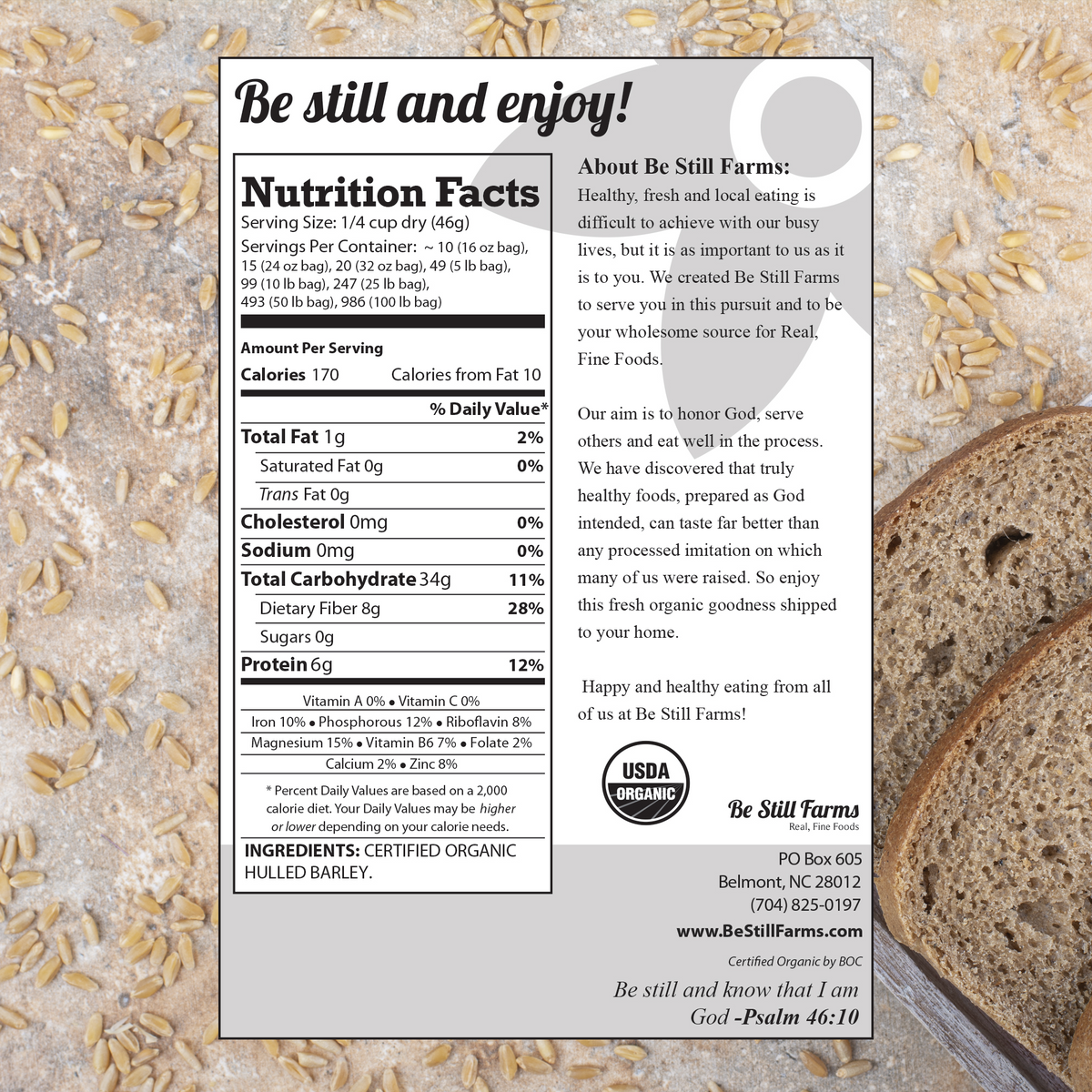Organic Hulled Barley Nutrition Facts - Be Still Farms