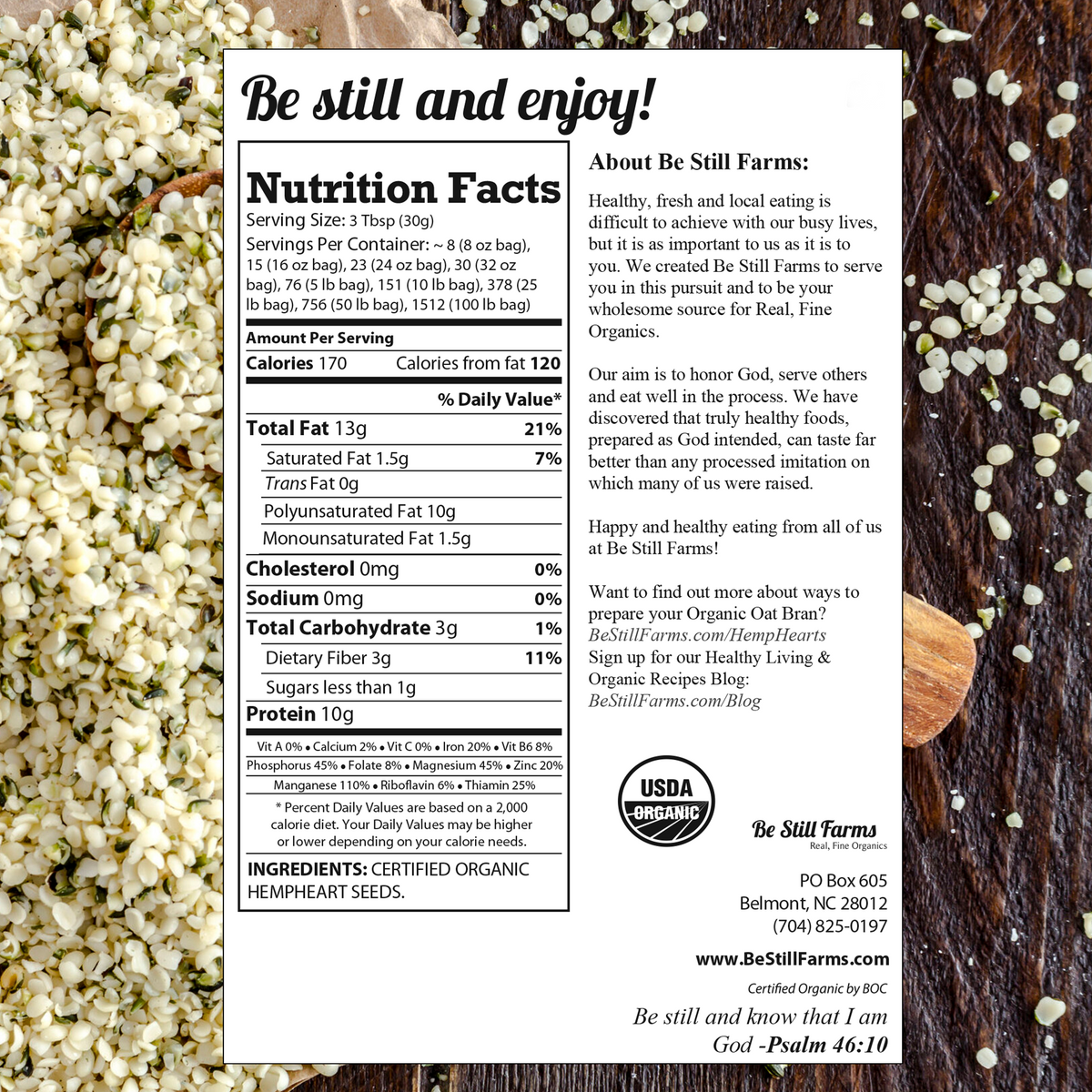 Organic Hemp Seeds Nutrition Facts - Be Still Farms