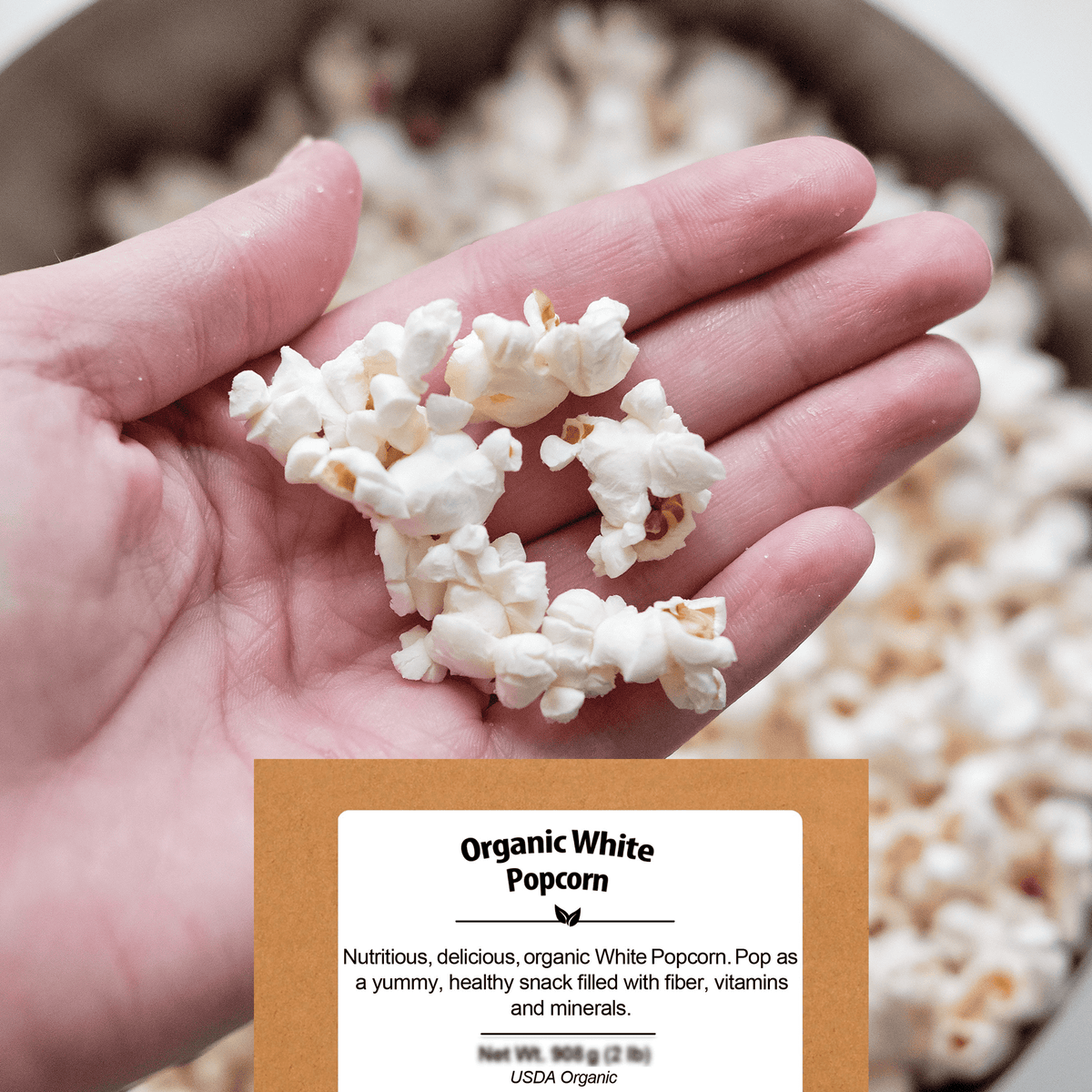 Nutritious, delicious, organic white popcorn